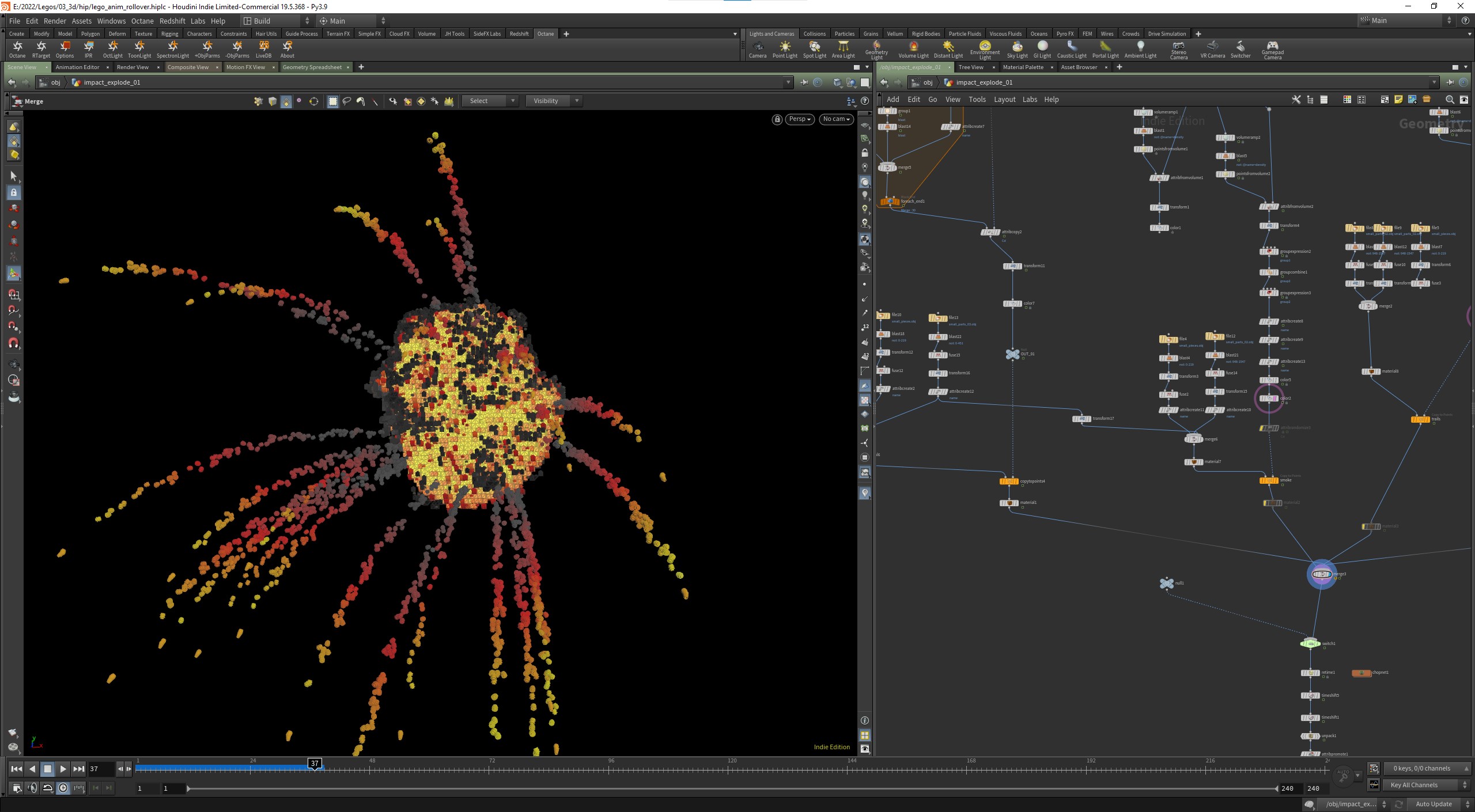 >Turning a pyro sim into a lego explosion.